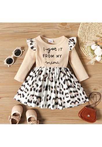 Baby Girl Letter Print Ribbed Long-sleeve Splicing Leopard Ruffle Dress