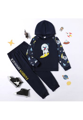 2-piece Kid Boy Space Rocket Dinosaur Print Hoodie Sweatshirt and Letter Print Pants Set