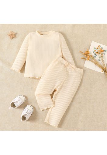 2pcs Baby Solid Ribbed Long-sleeve Top and Trousers Set