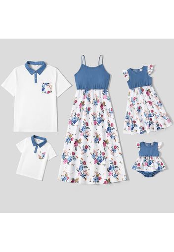 Family Matching Imitation Denim Spaghetti Strap Splicing Floral Print Dresses and Short-sleeve Polo Shirts Sets