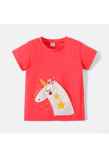 Kid Girl Unicorn Embroidered Stripe/Dark Pink Short-sleeve Tee