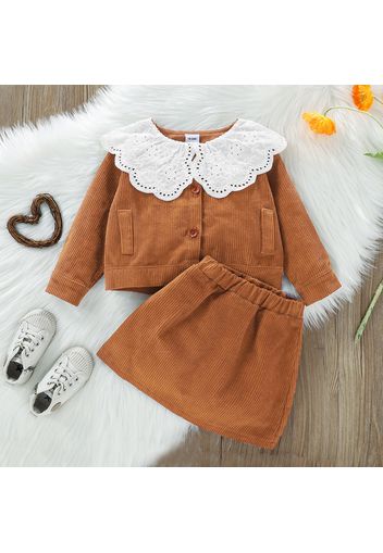 2-piece Toddler Girl Schiffy Design Collar Flounce Button Design Top and Solid Skirt Set