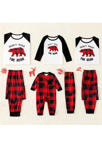 Christmas Polar Bear and Letter Family Matching Raglan Long-sleeve Plaid Pajamas Sets (Flame Resistant)