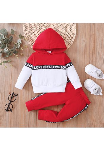 2pcs Letter Print Splice Color Block Hooded Long-sleeve Baby Set