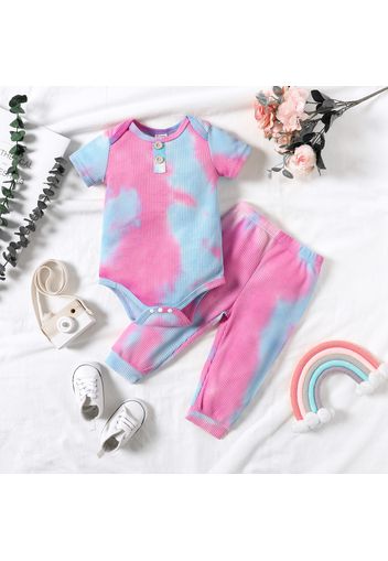 2pcs Baby Boy/Girl Tie Dye Ribbed Short-sleeve Romper and Trousers Set