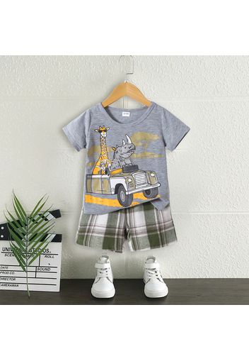 2pcs Toddler Boy Playful Animal Vehicle Print Tee and Plaid Shorts Set