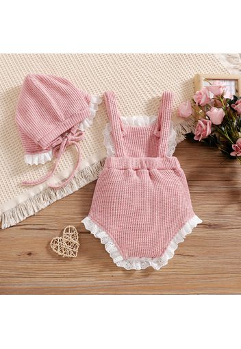 2pcs Baby Girl Pink Knitted Sleeveless Lace Bowknot Romper with Hat Set