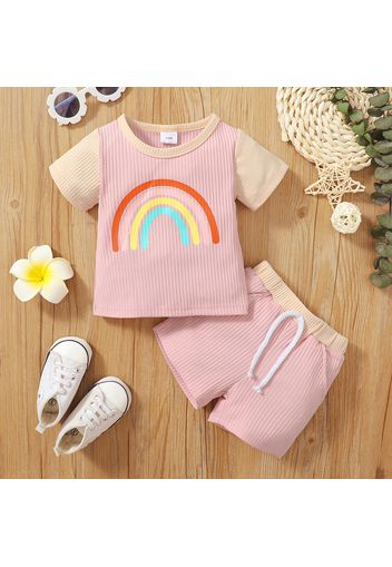 2pcs Baby Girl Rainbow Print Ribbed Short-sleeve Top and Shorts Set