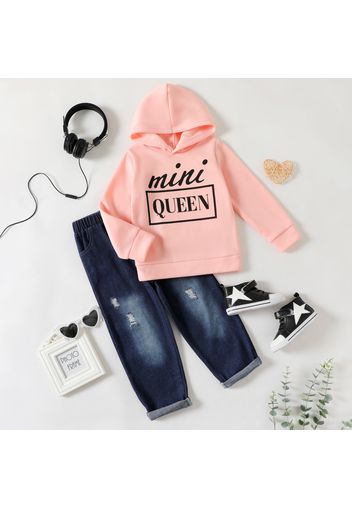 2-piece Kid Girl Letter Print Pink Hoodie Sweatshirt and Ripped Denim Jeans Set