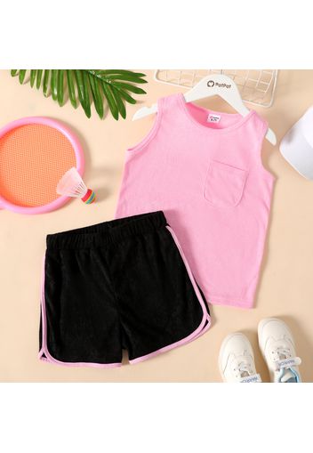 2-piece Kid Girl Solid Color Sleeveless Terrycloth Tee and Elasticized Dolphin Shorts Set