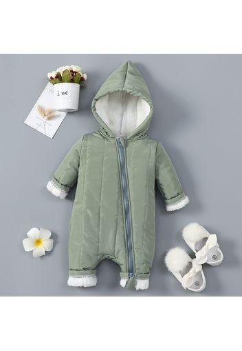 Baby Boy/Girl Thickened Fuzzy Fleece Lined Solid Long-sleeve Hooded Zip Jumpsuit Snowsuit