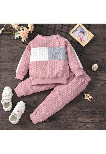 2pcs Toddler Girl Colorblock Cable Knit Textured Button Design Pullover and Pink Pants Set