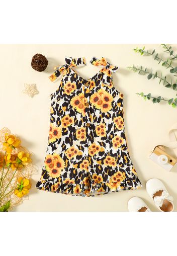 Toddler Girl Floral Print/Solid Color Sleeveless Ruffle Cuff Bowknot Button Design Romper Jumpsuit Shorts