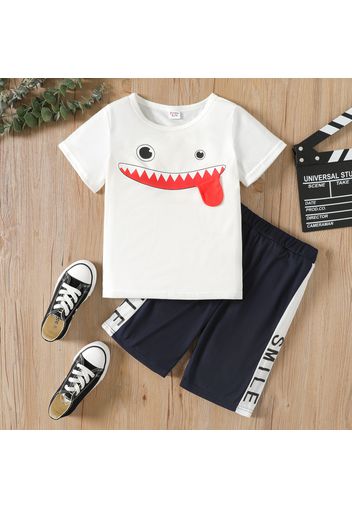 2pcs Kid Boy Emojis Print Short-sleeve Tee and Letter Print Elasticized Shorts Set