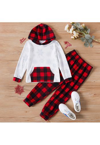 2-piece Kid Boy Christmas Snowflake Pattern Plaid Hoodie Sweatshirt and Pants Set