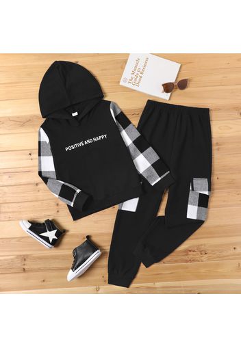 2-piece Kid Boy Letter Print Plaid Colorblock Hoodie Sweatshirt and Pants Set