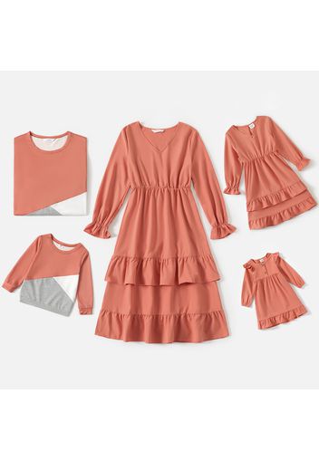 Family Matching Solid V Neck Long-sleeve Layered Ruffle Dresses and Color Block T-shirts Set