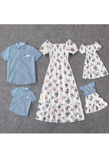 Family Matching Allover Butterfly Print Off Shoulder Puff-sleeve Shirred Dresses and Short-sleeve Denim Shirts Sets