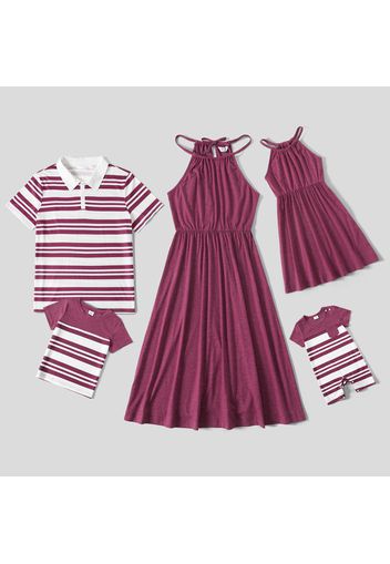 Family Matching Solid Halter Neck Dresses and Striped Short-sleeve Tops Sets