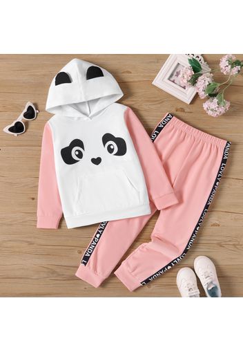 2pcs Kid Girl Animal Panda Print Colorblock Hoodie Sweatshirt and Letter Print Pants Set