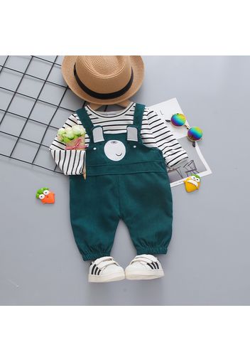 2pcs Baby Cartoon Bear 3D Ears Overalls and Striped Long-sleeve T-shirt Set