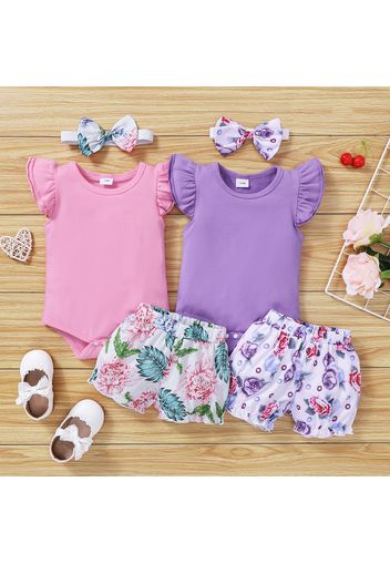 3pcs Baby Girl 95% Cotton Layered Ruffle Sleeve Romper with Floral Print Bloomers Shorts and Headband Set