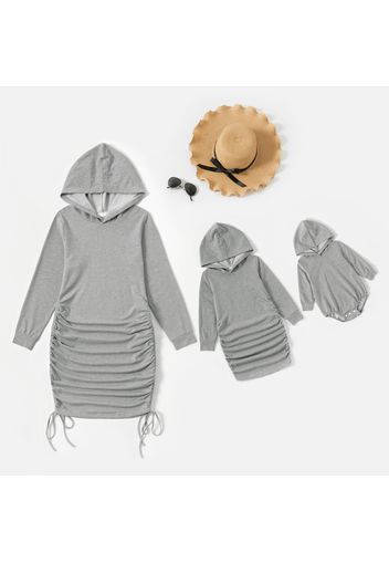 Solid Grey Long-sleeve Hooded Ruched Slim Midi Dress for Mom and Me