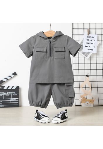 100% Cotton 2pcs Baby Boy Grey Short-sleeve Hooded Zip Top and Shorts Set