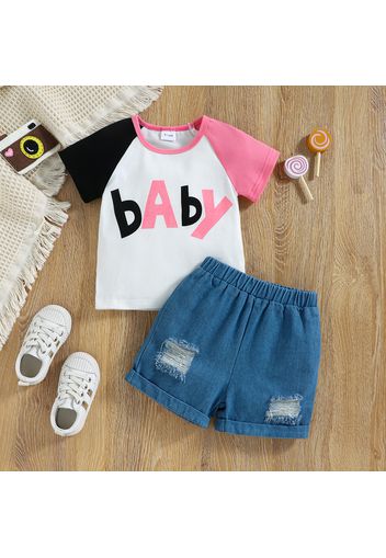 100% Cotton 2pcs Baby Boy/Girl Letter Print Colorblock Raglan-sleeve T-shirt and Ripped Denim Shorts