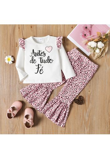 2-piece Toddler Girl Ruffled Letter Print Long-sleeve White Top and Leopard Print Flared Pants Set