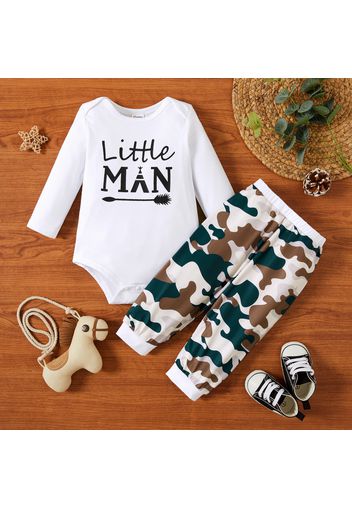 2-piece Baby Boy Letter Print Long-sleeve Bodysuit Romper and Camouflage Elasticized Pants Set