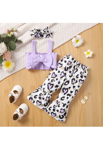 3pcs Baby Girl Shirred Spaghetti Strap Crop Top and Leopard Flared Pants with Headband Set