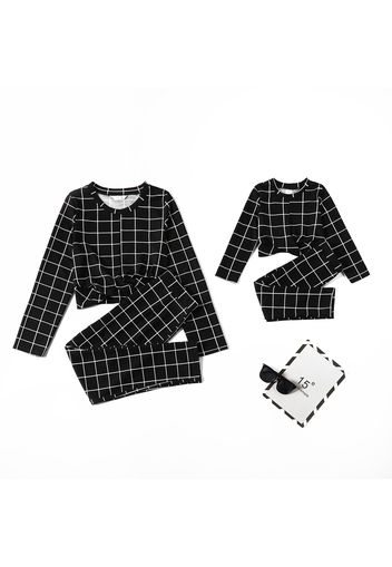 Black and White Plaid Long-sleeve Tops and Pants Sets for Mom and Me