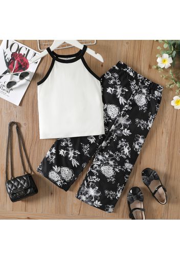 2pcs Kid Girl Colorblock Halter Camisole and Floral Print Pants Set