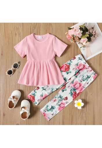 2-piece Toddler Girl Ribbed Short-sleeve Pink Tee and Floral Print Pants Set