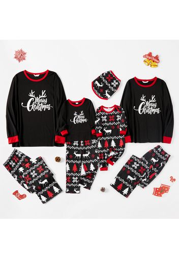 Christmas Colorblock Splice Antlers Letter Print Long-sleeve Family Matching Pajamas Sets (Flame Resistant)