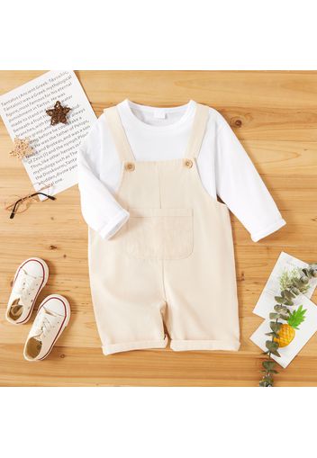 2-piece Toddler Girl/Boy Long-sleeve White T-shirt and Button Design Mesh Pocket Solid Overalls Set