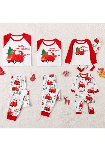 Christmas Tree Car Santa and Letter Print Family Matching Red Raglan Long-sleeve Pajamas Sets (Flame Resistant)