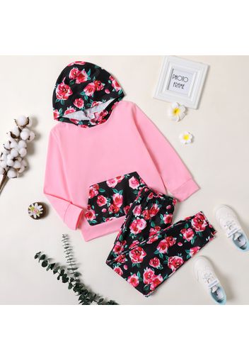 2-piece Kid Girl Floral Print Pocket Design Hoodie Sweatshirt and Pants Set