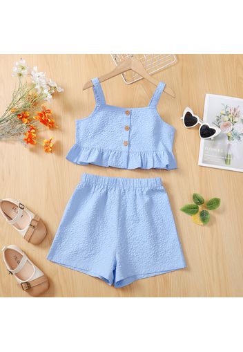 2-piece Kid Girl Button Design Ruffle Hem Camisole and Solid Color Shorts Set