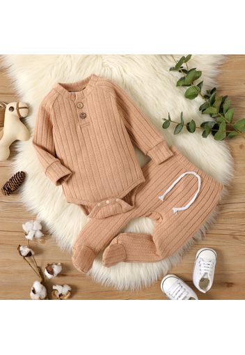 2-piece Baby Girl/Boy Solid Color Cable Knit Textured Button Design Long-sleeve Romper and Footie Pants Set