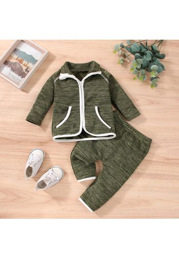 2pcs Baby Heathered Knitted Long-sleeve Cotton Zip Jacket and Trousers Set