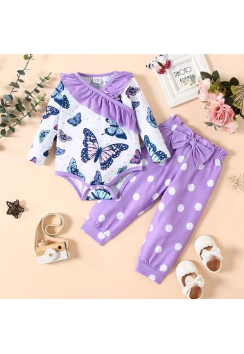 2pcs Baby Girl All Over Butterfly Print Purple Ruffle Long-sleeve Romper and Polka Dots Trousers Set