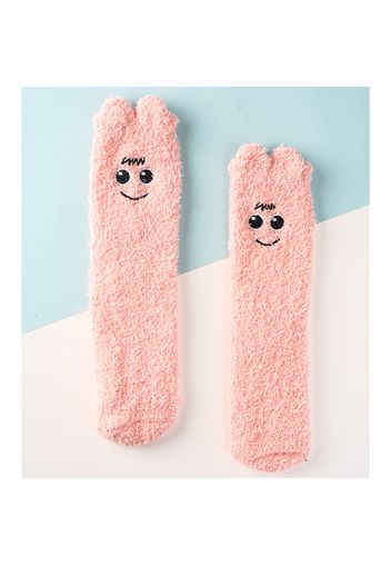 Women Cute Emoji Pure Color Warm Fuzzy Fleece Floor Socks