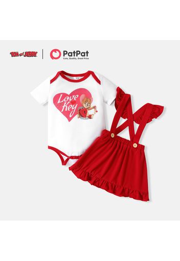 TOM and JERRY 2-piece Baby Girl Heart Print Bodysuit and Solid Overall Skirt Set