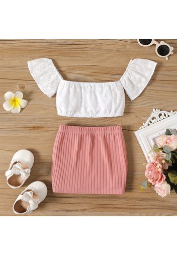 2pcs Baby Girl 100% Cotton Eyelet Embroidery Off Shoulder Short-sleeve Crop Top and Rib Knit Skirt Set