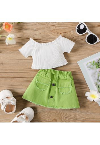 2pcs Baby Girl Solid Rib Knit Off Shoulder Short-sleeve Crop Top and Frayed Raw Trim Denim Skirt Set