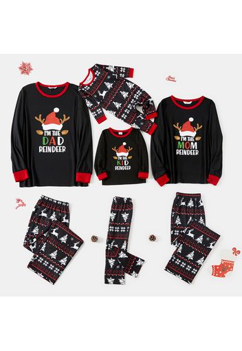 Christmas Deer Antlers and Letter Print Black Family Matching Long-sleeve Pajamas Sets (Flame Resistant)