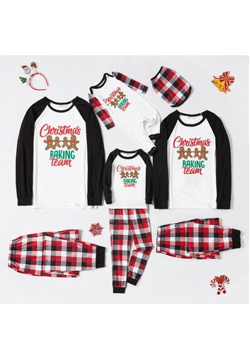 Christmas Gingerbread Man and Letter Print Family Matching Raglan Long-sleeve Plaid Pajamas Sets