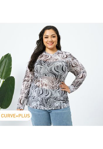Women Plus Size Elegant Allover Print Long-sleeve Tee